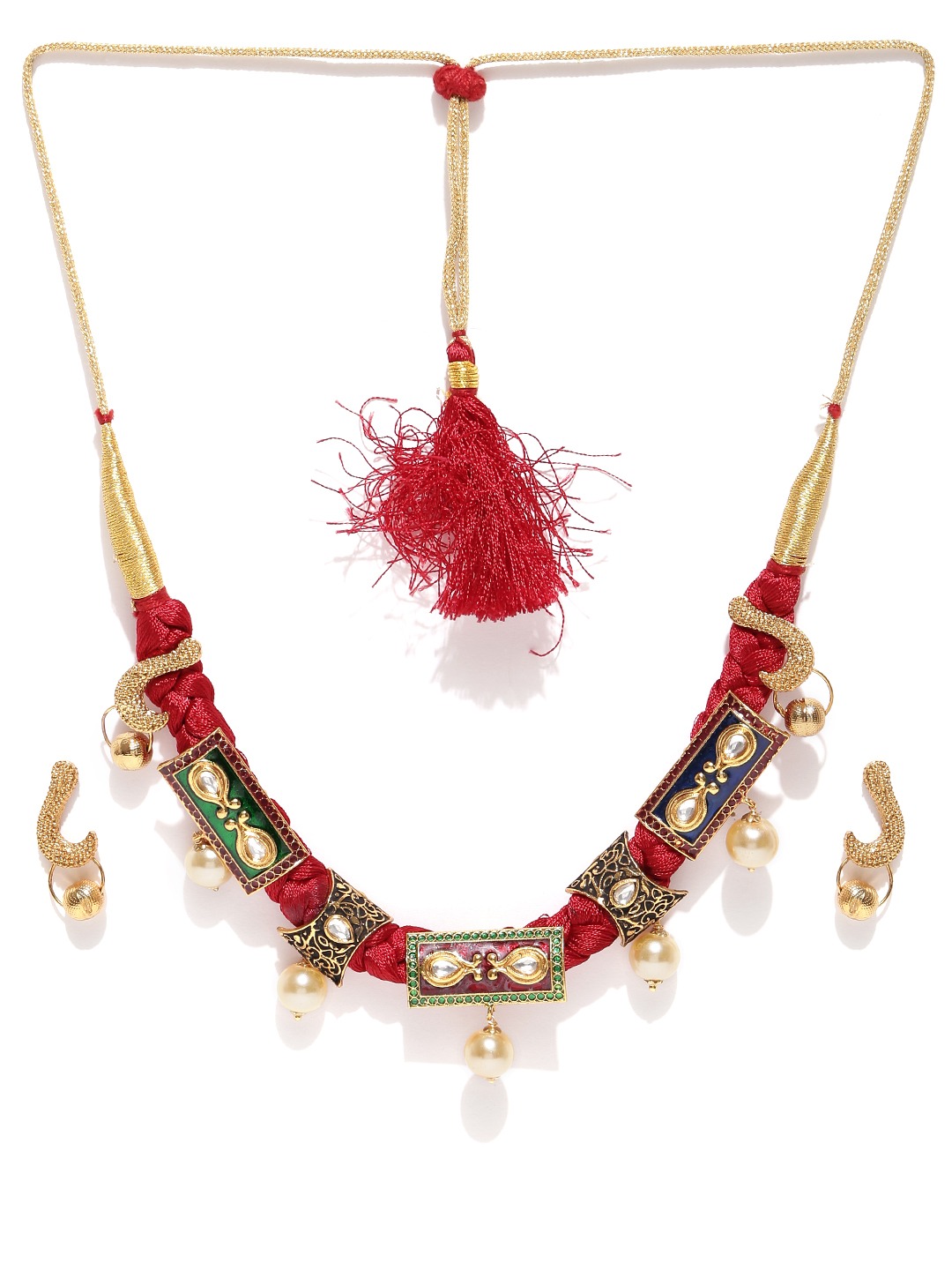 YouBella Red  Gold-Toned Stone-Studded Beaded Jewellery Set